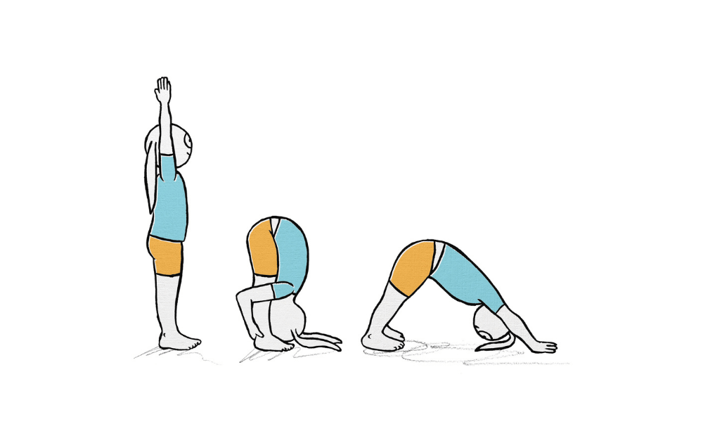 Three illustrated bunnnies doing yoga poses