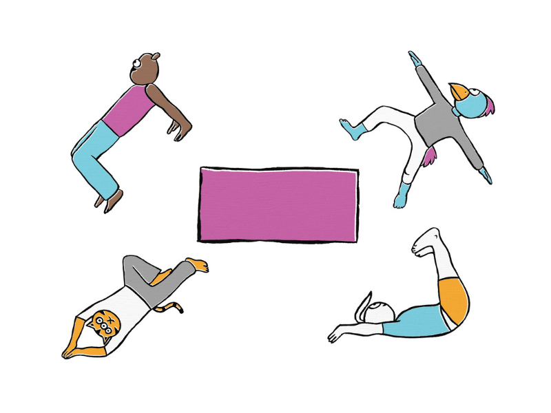 Illustration of animals in yoga poses around a yoga mat
