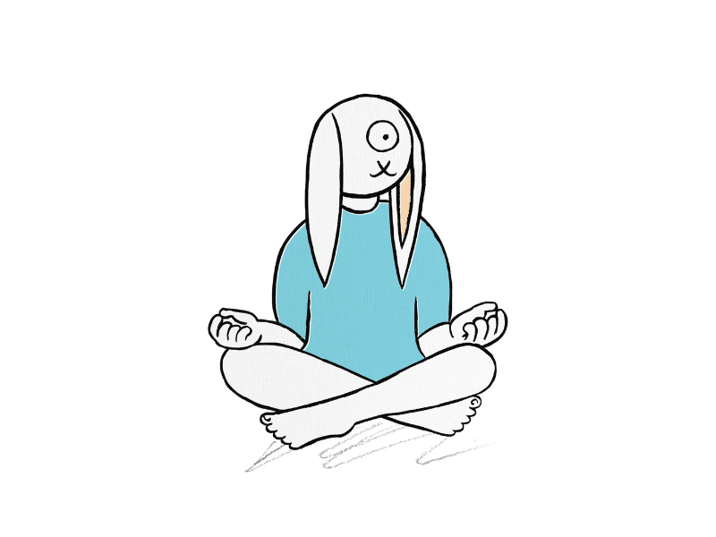 Illustrated bunny sitting with crossed legs with the hand gesture chin mudra