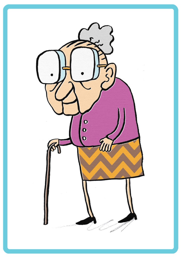 Illustrated grandmother with walking stick, representing the game Grandmother's Footsteps