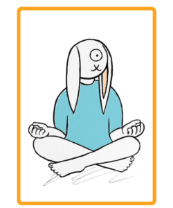 Illustrated quirky one eyed bunny in a meditation pose