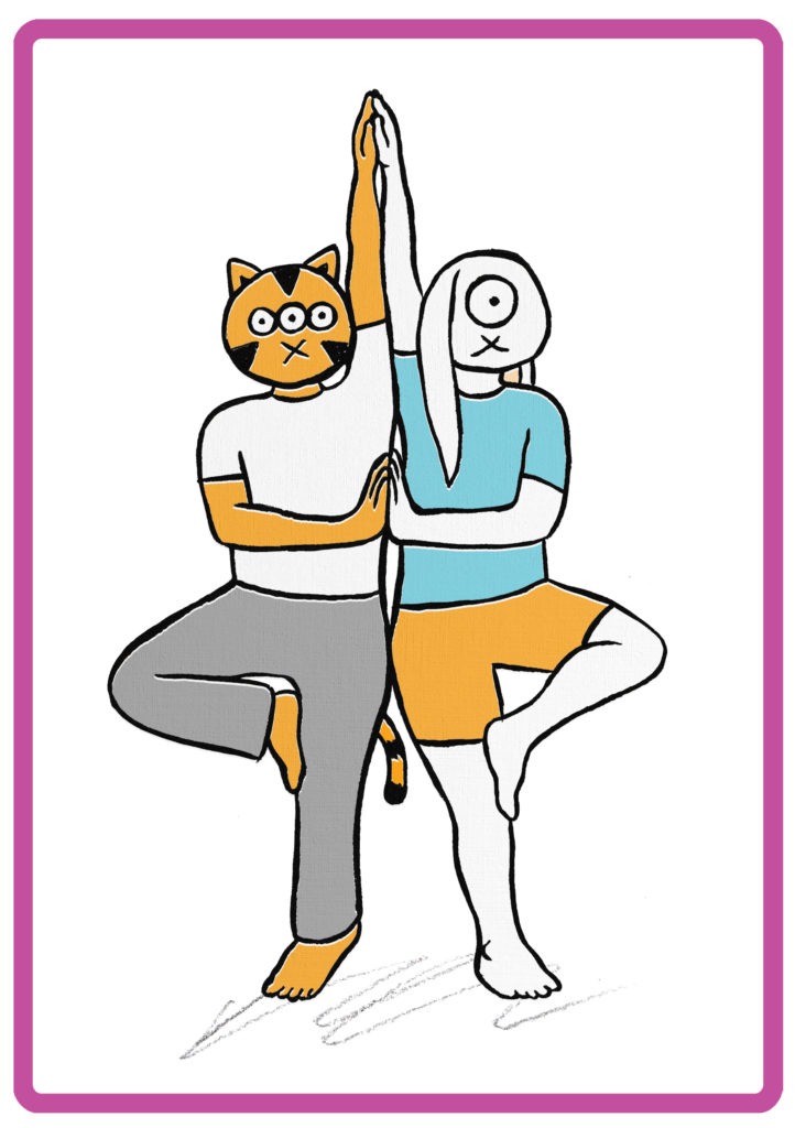 Illustation of a one eyed bunny and a three eyed cat doing a partner tree pose
