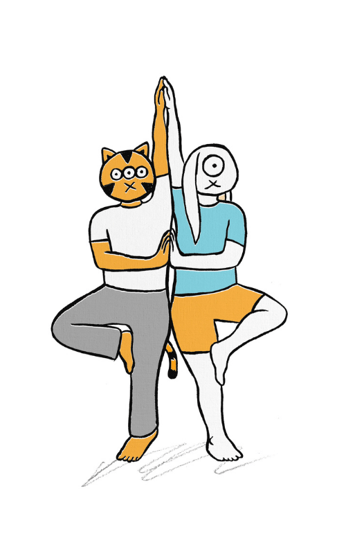 Illustration of a cat and a bunny doing a partner yoga practice - tree pose
