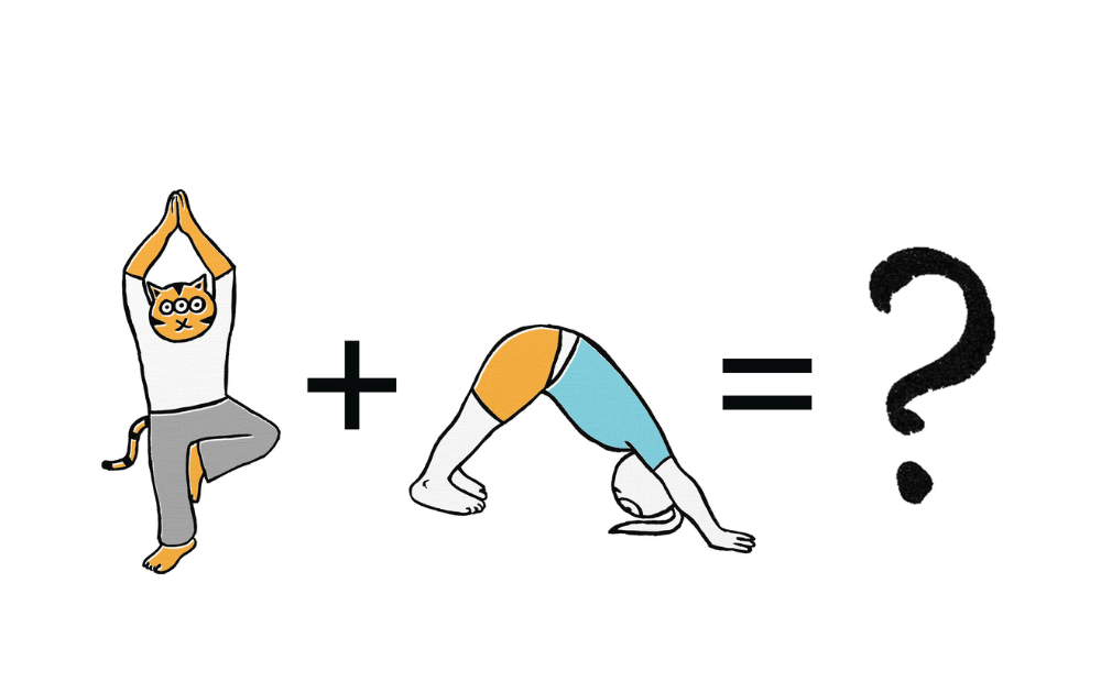 Illustration of a cat plus a bunny in yoga poses with a question mark