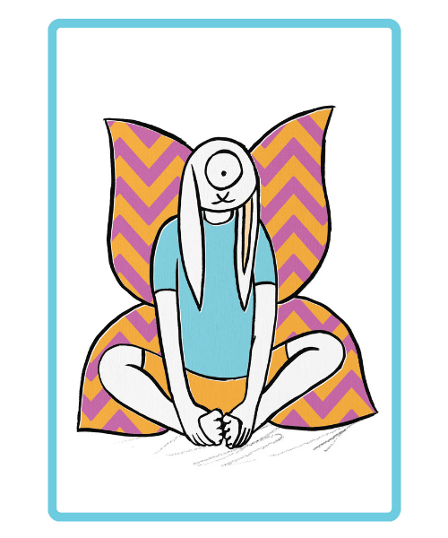 Illustrated bunny sitting in butterfly pose